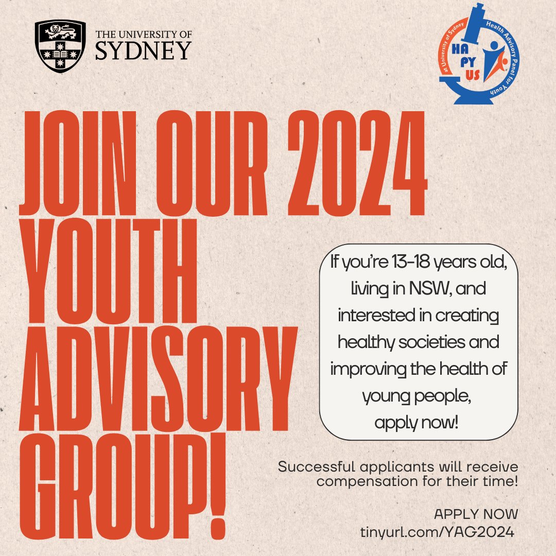 Stephanie Partridge (@drstephaniepart) on Twitter photo Our team is recruiting young people aged 13-18 living in NSW to be part of our second cohort of youth advisors.
All the details can be found on our application page: tinyurl.com/YAG2024
Applications close Sunday 21 Jan 11:59 PM
<a href="/CPC_usyd/">Charles Perkins Centre</a> <a href="/Sydney_Uni/">University of Sydney</a> <a href="/syd_health/">Sydney Health</a> Our team is recruiting young people aged 13-18 living in NSW to be part of our second cohort of youth advisors.
All the details can be found on our application page: tinyurl.com/YAG2024
Applications close Sunday 21 Jan 11:59 PM
<a href="/CPC_usyd/">Charles Perkins Centre</a> <a href="/Sydney_Uni/">University of Sydney</a> <a href="/syd_health/">Sydney Health</a>