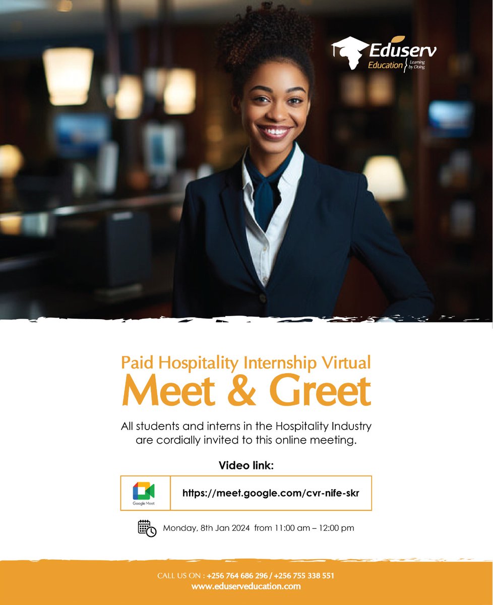 ATTENTION!!!!
Open invitation to all Hospitality students
Paid Hospitality Internship Virtual Meet and Greet.
Date: Monday, 8th Jan 2024.
Time11:00am - 12:00pm.
Google meet link: lnkd.in/dhst_a5P
eduserveducation.com
#hospitalitytraining #hospitalityinternship