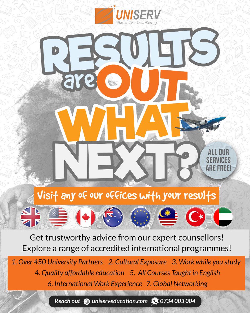 UniservEd's tweet photo. 🎓 Uniserv Education is here for YOU! ready to turn your 2023 KCSE results into golden opportunities! 🚀🌟 Bring your grades, big dreams, and let's make your academic journey extraordinary. Top universities are waiting for you!
#KCSE #studyabroad #uniserv #MikeAndKingangi https://t.co/2VJJob3UkC