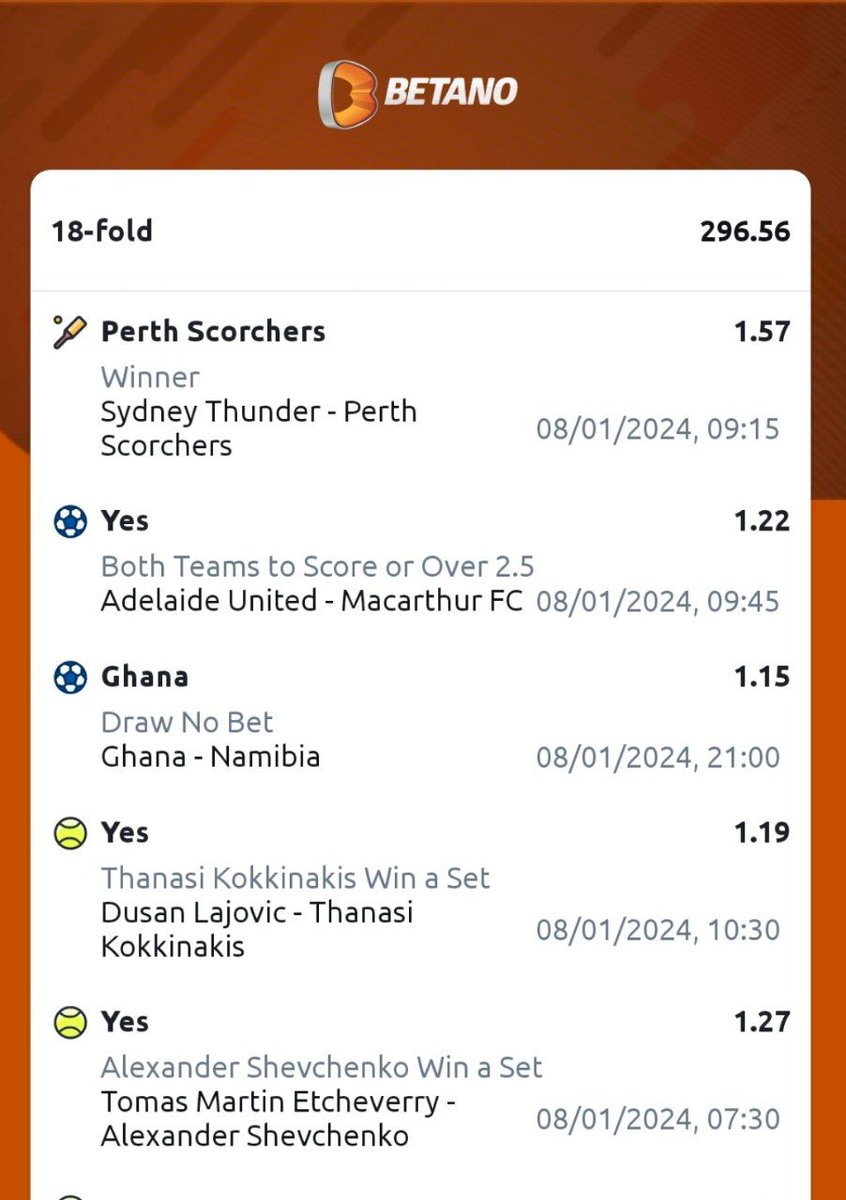 tips_yankee's tweet photo. 296 odds mixed sports on BETANO

click link to load betslip 👇
https://t.co/T9t9E6ksGY

Register👇👇 https://t.co/YDtkUkx7c0
PROMO CODE.  YANKEE https://t.co/obsvSpHTZm