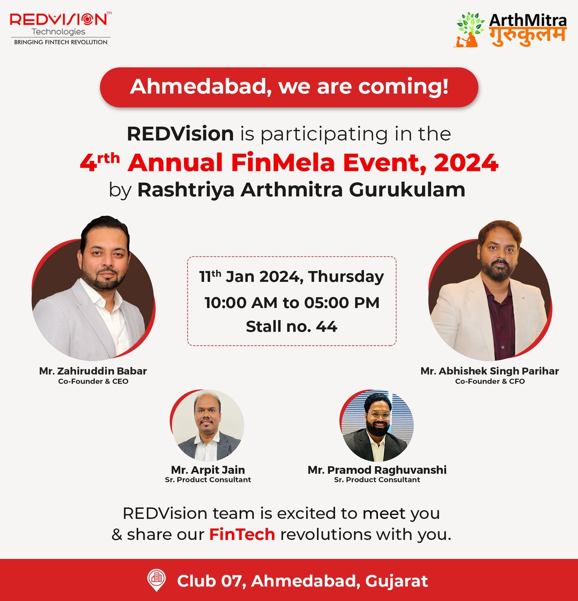 redvisionindore's tweet image. Hello Ahmedabad...
Join us to see new launches that will transform your fintech journey.
We are coming to meet you &amp;amp; share a revolutionary experience for mutual fund management.
#AMGRashtriya2024 #FinMela2024 #REDVision #Ahmedabad #WealthElite  @moneybhaai