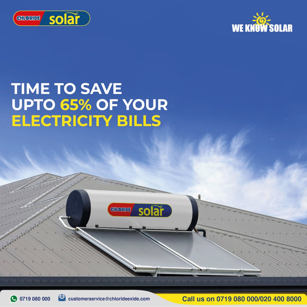 chloridesolar's tweet photo. Cut down on your electricity expenses by up to 65% with the utilization of solar water heating. Call 0719 080 000 today for more information.
#ChlorideSolar #WeKnowSolar #solarenergy #solarwaterheating #solarsolution #solarpower #sustainableenergy #waterheating https://t.co/2epdtk3HmU