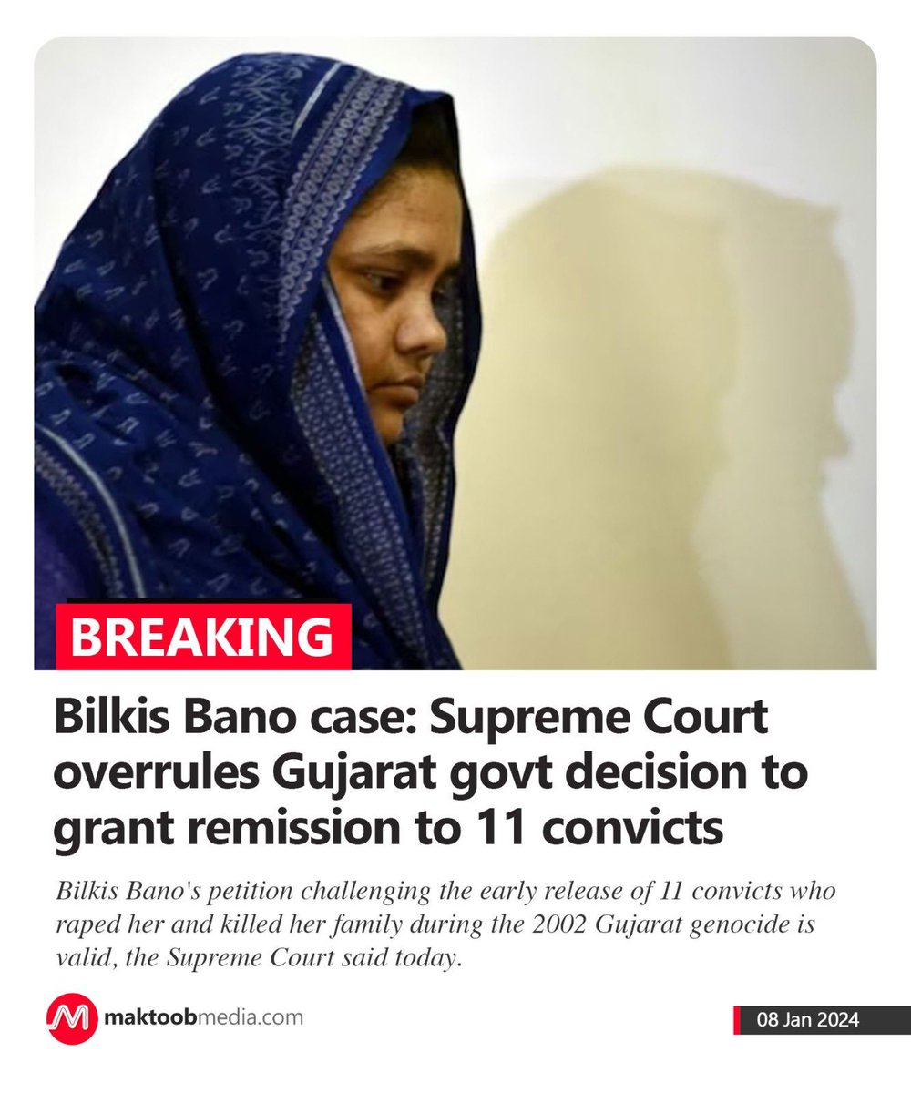 Bilkis Bano’s petition challenging the early release of 11 convicts who raped her and killed her family during the 2002 Gujarat genocide is valid, the #SupremeCourt said today.

The #SupremeCourtofIndia on Monday quashed the #GujaratGovt’s decision to grant remission to 11…