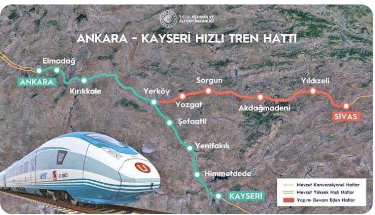 AliCaatay's tweet photo. İngiltere, aşağıdaki Yerköy-Kayseri hızlı tren hattına 1.2 milyar dolar kredi verdi.

1)Neden bu hat?
2)Türkiye’nin önceliği bu hat mıdır?
3)Muğla-Antalya arasında bir tren tren hattı neden aklınıza gelmiyor?
4)Bu hat turizm destinasyonu Kapadokya’ya neden uzamıyor?
5)Yozgat’ta bulunan Türkiye’nin 3. büyük altın rezervi ile bu hat arasında “duygusal” bir ilişki var mıdır?
6)Daha birkaç hafta önce İngiltere’ye maça giden Bursa Uludağ kadın basketbol takımı oyuncularına vize vermeyen İngiltere aynı İngiltere midir?

Başka sorum yok!