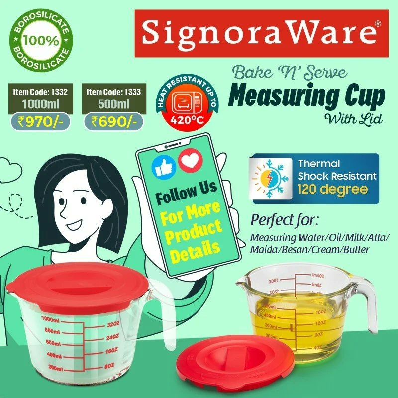 Measure in Style with Bake N Serve Measuring Cup with Lid

#signoraware #bakeNserve #measuringcup #measuringcups #baking #cooking #storing #measuringcupwithlid #borosilicateglass #borosilicatecup #premiumquality #microwavesafe #gifting