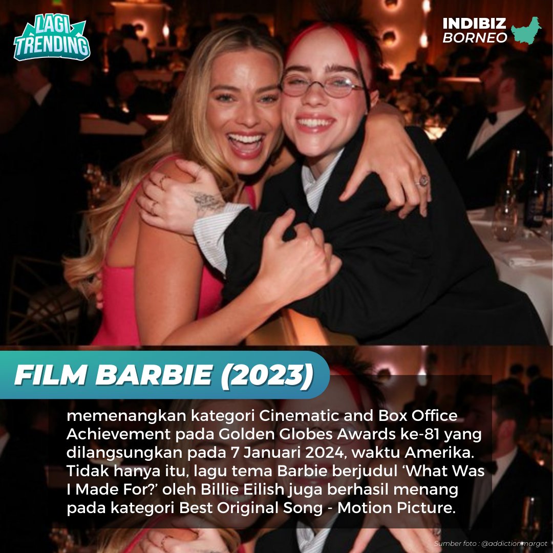 indibiz_borneo's tweet photo. Wah selamat yaaa mbak Margot Robbie, Greta Gerwig, Ryan Gosling dan Billie Eillish! Film, akting &amp; lagunya bagus banget, jadi super layak dapetin award bergengsi ini~ 🥰

Kamu sendiri udah pernah nonton Barbie belum, Sob?

#GoldenGlobes #GoldenGlobes2024
#Indibiz #IndibizBorneo https://t.co/A9fEG9YaLq