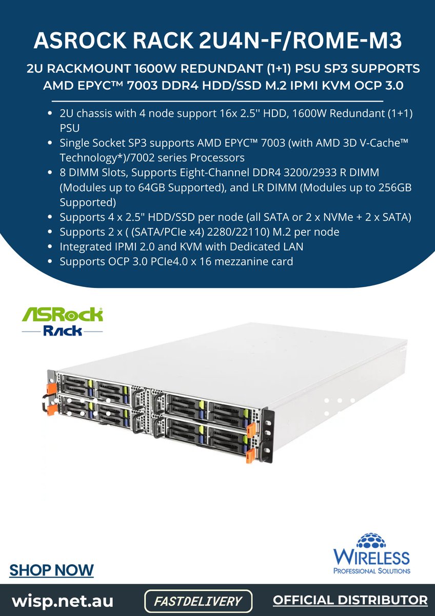 wispaustralia's tweet image. #ASRockRack
🔹 Introducing the ASRock Rack 2U4N-F/ROME-M3 
🖥️ We're excited to unveil the ASRock Rack 2U4N-F/ROME-M3, a state-of-the-art 2U rackmount server that's revolutionizing the world of enterprise computing.
🔗 🛒Learn more  wisp.net.au/asrock-rack-2u…
 #ServerTech #AMD