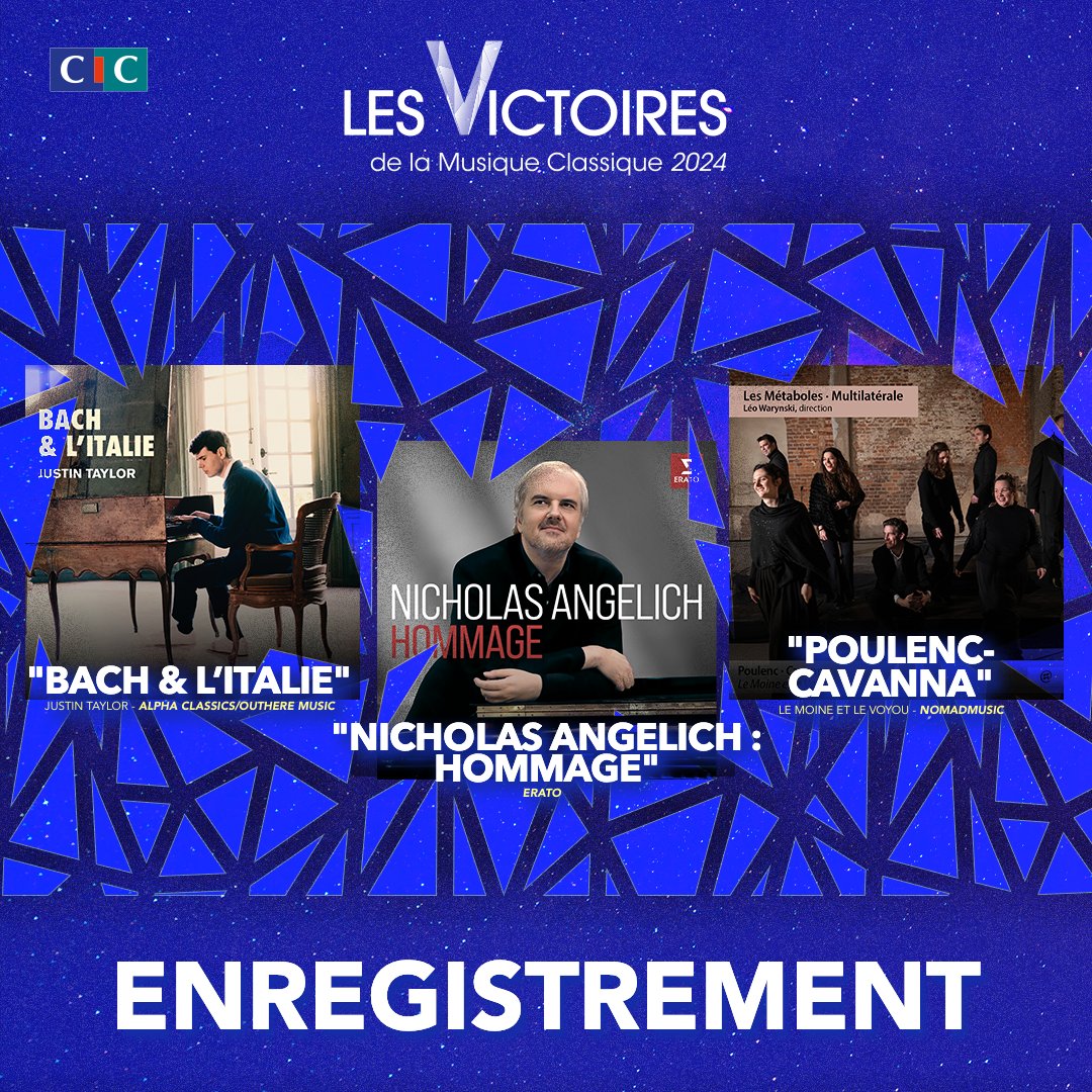 ✨Les nommés dans la catégorie Enregistrement :
@jtaylor_cembalo - BACH &amp; L’ITALIE
#NicholasAngelich - NICHOLAS ANGELICH : HOMMAGE
#LesMétaboles et #LéoWarynski - POULENC-CAVANNA
<a href="/franceTV/">France tv</a> <a href="/francemusique/">France Musique</a> <a href="/cic/">CIC</a> <a href="/diapasonmag/">Diapason Mag</a> <a href="/bernstephane/">Stéphane Bern</a> <a href="/cl_rochefort/">Clément Rochefort</a>
#VictoiresClassique2024