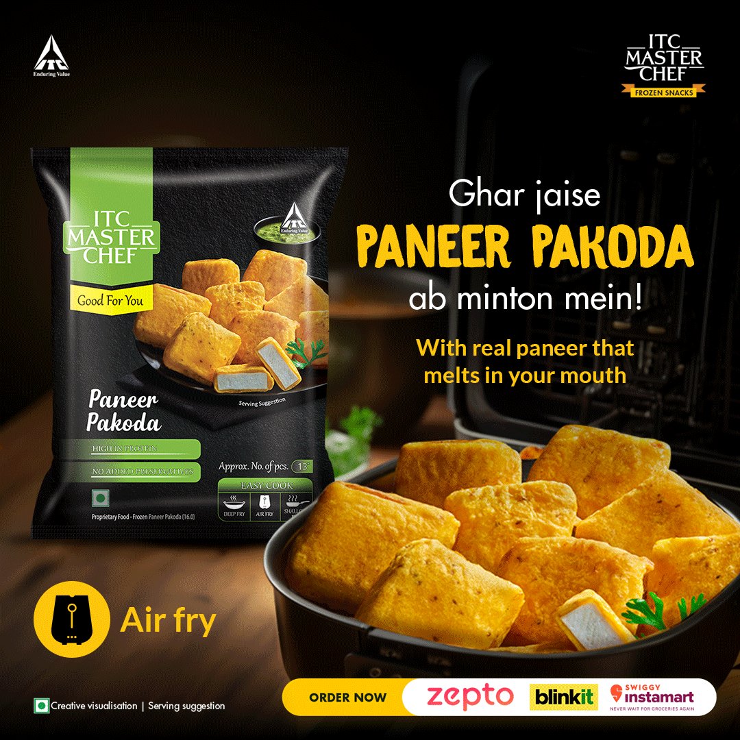 ITCMasterChef's tweet image. Enjoy ITC Master Chef Paneer Pakodas with paneer melts that tantalize your taste buds!
They get ready in minutes at home because #AbKoiBhiChef

#ITCMasterChef #ITC #YummyFood #EasyToCook #Snacks #FoodLovers #PaneerPakoda #Paneer #airfry #paneerpakodalove #food #snackslove…