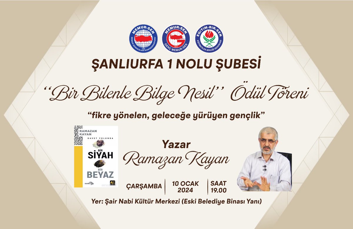 Yazar <a href="/ramazankayann/">Ramazan Kayan</a> ile Genel Başkan Yardımcımız <a href="/alideniz02/">Ali DENİZ</a>' nin  de katılacağı ve bu yıl merhum kurucu Genel Başkanımız M.Akif İnan'ın anısına tertipledigimiz "Bir Bilenle Bilge Nesil" ödül törenine tüm gönül dostlarını bekliyoruz. <a href="/_aliyalcin_/">Ali YALÇIN</a> <a href="/hasansildak/">Hasan ŞILDAK</a>