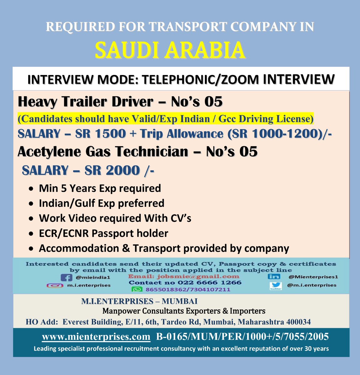 mi_enterprises's tweet photo. Greetings interested candidates can send their update resume on mentioned I'd&amp; mobile number  jobsmie@gmail.com/advmie@gamil.com WhatsApp:+91 8850807505 #hr #hrjobs #gulfjobs #omanjobs #saudiarabiajobs #qatarjobs #zoom #interview #cvselection #employment #new https://t.co/tok8thtIAK