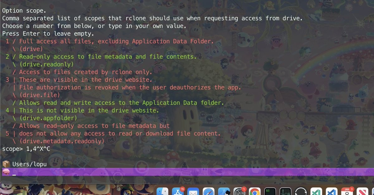 lopuhd's tweet image. aye yo I been trying to debug this auth/1/4 not valid scopes thing for too long... 💡type the scopes comma-delimitted NOT the corresponding number of the option 😂🤦‍♂️

#rclone #rsync #Linux #mac #macos #osx #unix