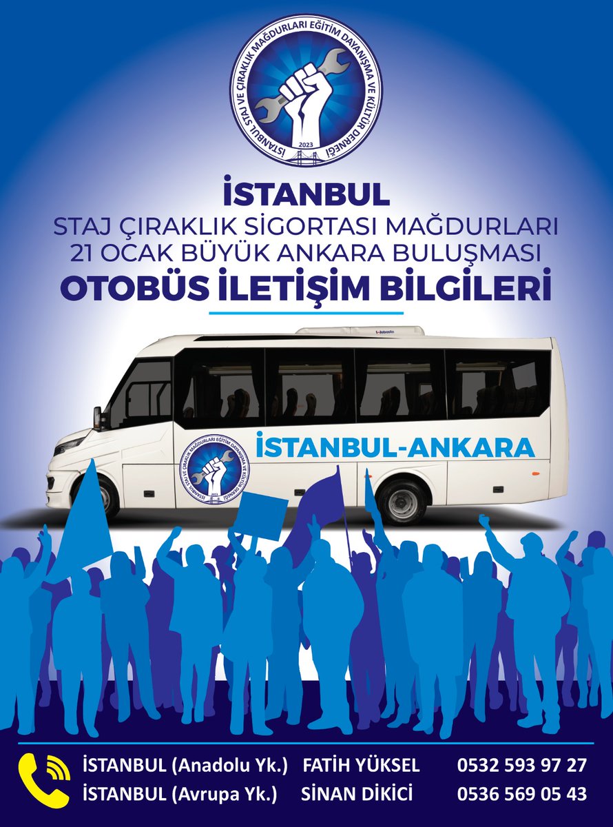 Ankara'da 21 Ocak Pazar günü yapılacak Çıraklık ve Staj Sigortası Mağdurları 'Büyük Ankara Buluşması'na mutlaka katılmalıyız.  SEN YOKSAN ÇOK EKSİĞİZ.!!!! Anadolu Fatih Yüksel : 0532 593 97 27   Avrupa Sinan Dikici : 0536 569 05 43  
Yerel Seçimden Önce 
#3308SayılıYasaDeğissin