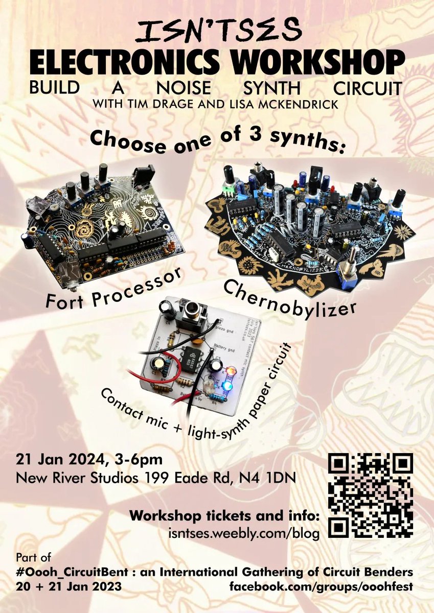 Meansmag's tweet image. Isn'tses are running a workshop in London, from 3pm on the 21st Jan, where you can build one of 3 noise synth circuits. Soldering beginners welcome. All material and tools provided. It's part of a 2-day circuitbending festival.
#MEANSMag #Noisemusic #circuitbending