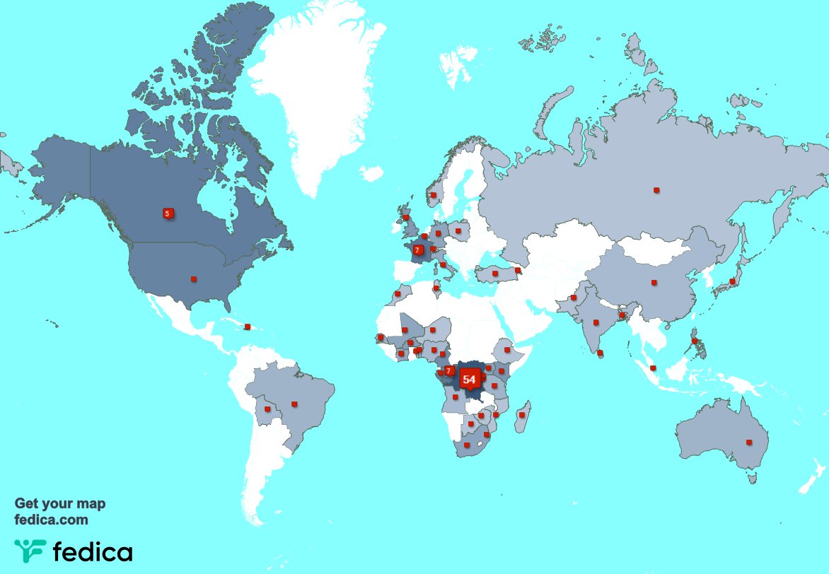 Selon fedica.com/!Hpeloma Mes abonnés vivent en: République démocratique du Congo(54%),France(7%),Congo(7%)