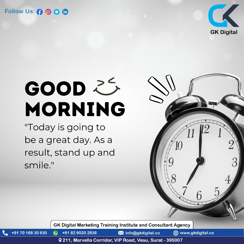 gkdigitalllp's tweet photo. Today is going to be a great day. As a result, stand up and smile.

 #GKDigital #DigitalMarketing #SEO #PPC #SocialMediaMarketing #SEOExpert #Google #SocialMedia #GKDigitalMarketing #DigitalMarketingAgency #DigitalMarketingExpert #DigitalMarketingSpecialist #Marketing https://t.co/FaH5nke9qA