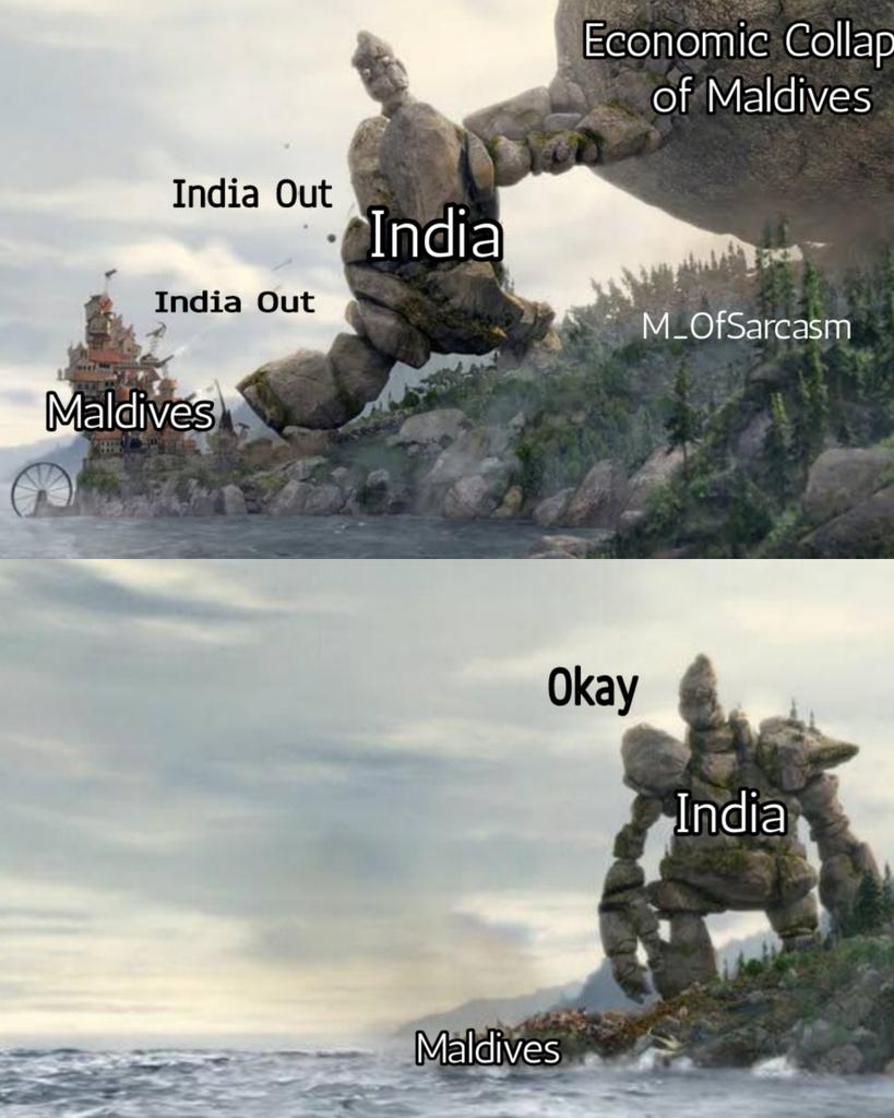 M_OfSarcasm's tweet photo. Maldivians : India Out 

Indians : Okay 👍

Meanwhile Maldives after India left : 
#BoycottMaldives https://t.co/deh1meyL2j