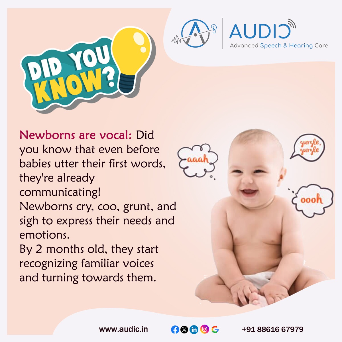 Absolutely! It's fascinating how babies communicate from the get-go. Crying is their primary means of communication at first, indicating hunger, discomfort, or the need for attention. 

#Audic
#AudicMysore
#FunFacts
#DidYouKnowThat
#TriviaTime
#FactsOnly
#KnowledgeNuggets