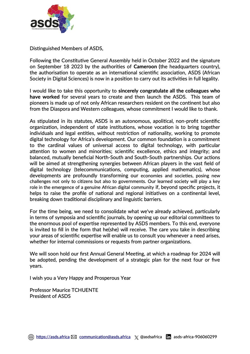 asdsafrica's tweet photo. 📣 Exciting News! 🚀 The ASDS announces its first Ordinary General Meeting! Dive into the letter for a sneak peek into the current status of our scientific society. Get ready for groundbreaking discussions and a future of innovation! #ASDS #ASDSMeeting #ASDSInnovation https://t.co/8YnsEklQwp