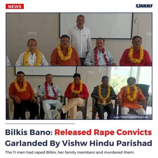 vijaythottathil's tweet photo. Not only those rapists but those morons who welcomed them also should be sent to jail! 

#BilkisBanoCase https://t.co/ro8ykG32o1