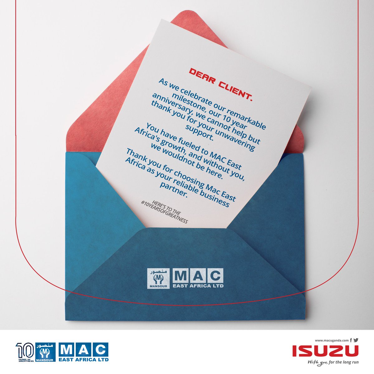 IsuzuUganda's tweet photo. We are who we are because of you.
Thank you so much for supporting us for a whole decade!
We can't wait to serve you even better in the next decade.
We are with you for the long run.
#10YEARSOFGREATNESS https://t.co/qHnnSu2HpB