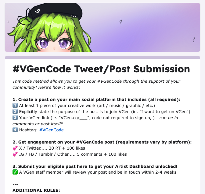 UPDATED: 20RT + 100LIKES #VGenCode METHOD

Please review updated requirements / rules + submit your eligible posts via this form moving forward: forms.gle/2AxzbuxhtsJKKa…

(current Twitter DMs queue has been cleared and will no longer be accepted)
