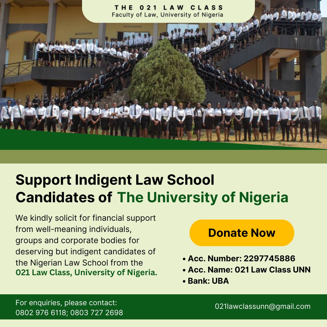 021LawClassUNN's tweet photo. Today is the 8th of January, law school resumes on the 29th so we have barely 11 days to raise 2 Million for our Indigent coursemates. Please make this new year memorable for someone. No amount is too small to donate.
2297745886 
UBA
021LawClassUNN https://t.co/AQq6Vwzsdo