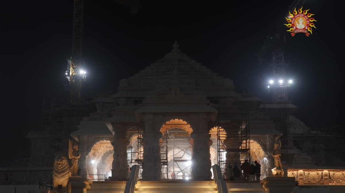 ANI's tweet photo. Ram Janmbhoomi Teerth Kshetra Trust shares pictures of Ram Temple premises as it looks during the night. https://t.co/2RPXVUBebA