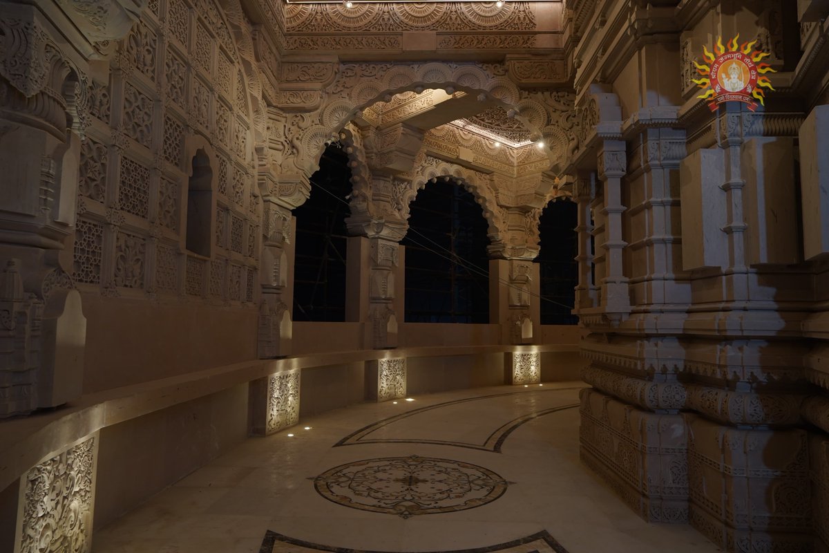 ANI's tweet photo. Ram Janmbhoomi Teerth Kshetra Trust shares pictures of Ram Temple premises as it looks during the night. https://t.co/2RPXVUBebA