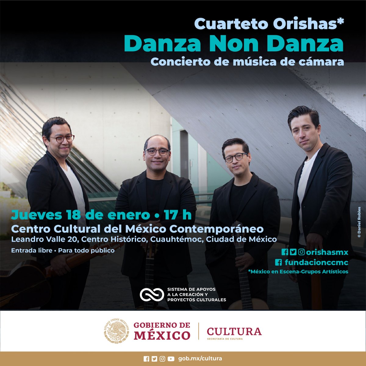 SistemaCreacion's tweet photo. 🎸El próximo 18 de enero, disfruta “Danza non Danza” del Cuarteto @orishasmx (México en Escena).

📅18 de enero, 17 h
📍Centro Cultural del México Contemporáneo
🎟Entrada libre

@cultura_mx https://t.co/u2sRwNmTVB