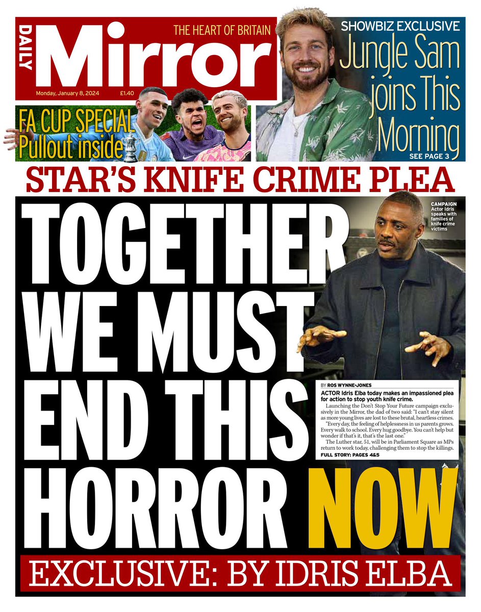 Kevin_Maguire's tweet photo. Actor Idris Elba fronting a new campaign to combat knife crime is today’s @DailyMirror splash. https://t.co/t7tqwr5JvV