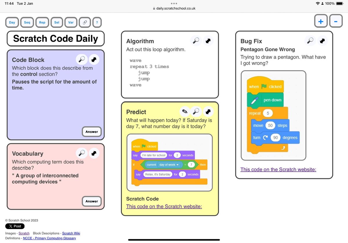 Just a reminder…

My 2024 gift to all #primary #teachers who #teach #computing is 266 (currently) starter questions &amp; activities around #algoritms #debugging &amp; #PRIMM #predict as well as <a href="/scratch/">Scratch Team</a> &amp; #CSED terminology. #caschat 

Try it here... daily.scratchschool.co.uk