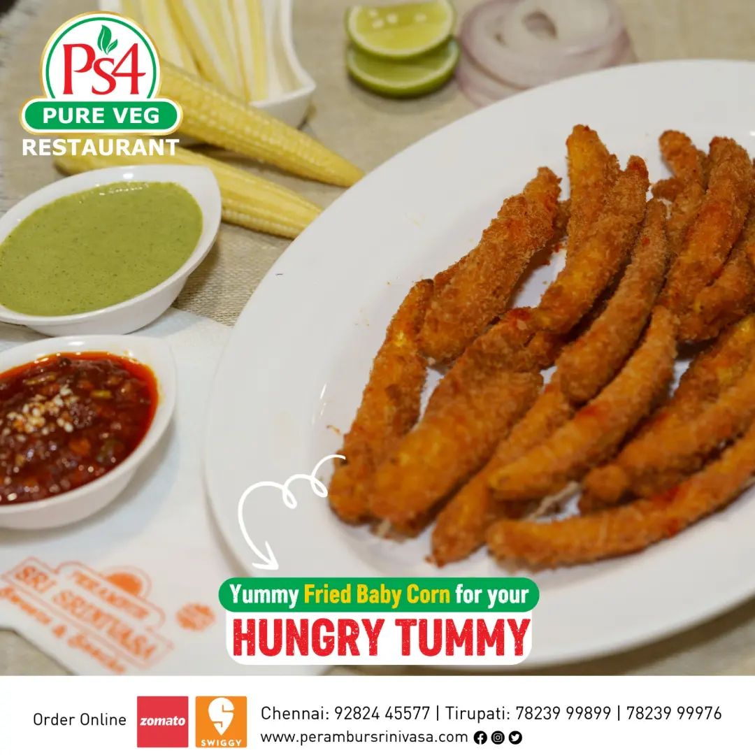 Ps4_Foodz's tweet photo. Crispy, crunchy and oh-so-delicious!
Our Fried Baby Corn is the perfect snack to satisfy your cravings. Enjoy the tantalizing flavors and texture of this popular appetizer!!

#perambursrisrinivasasweetsandsnacks #perambursrinivasa #ps4purevegresturant #crispy #friedbabycorn https://t.co/pBprcMRaeS
