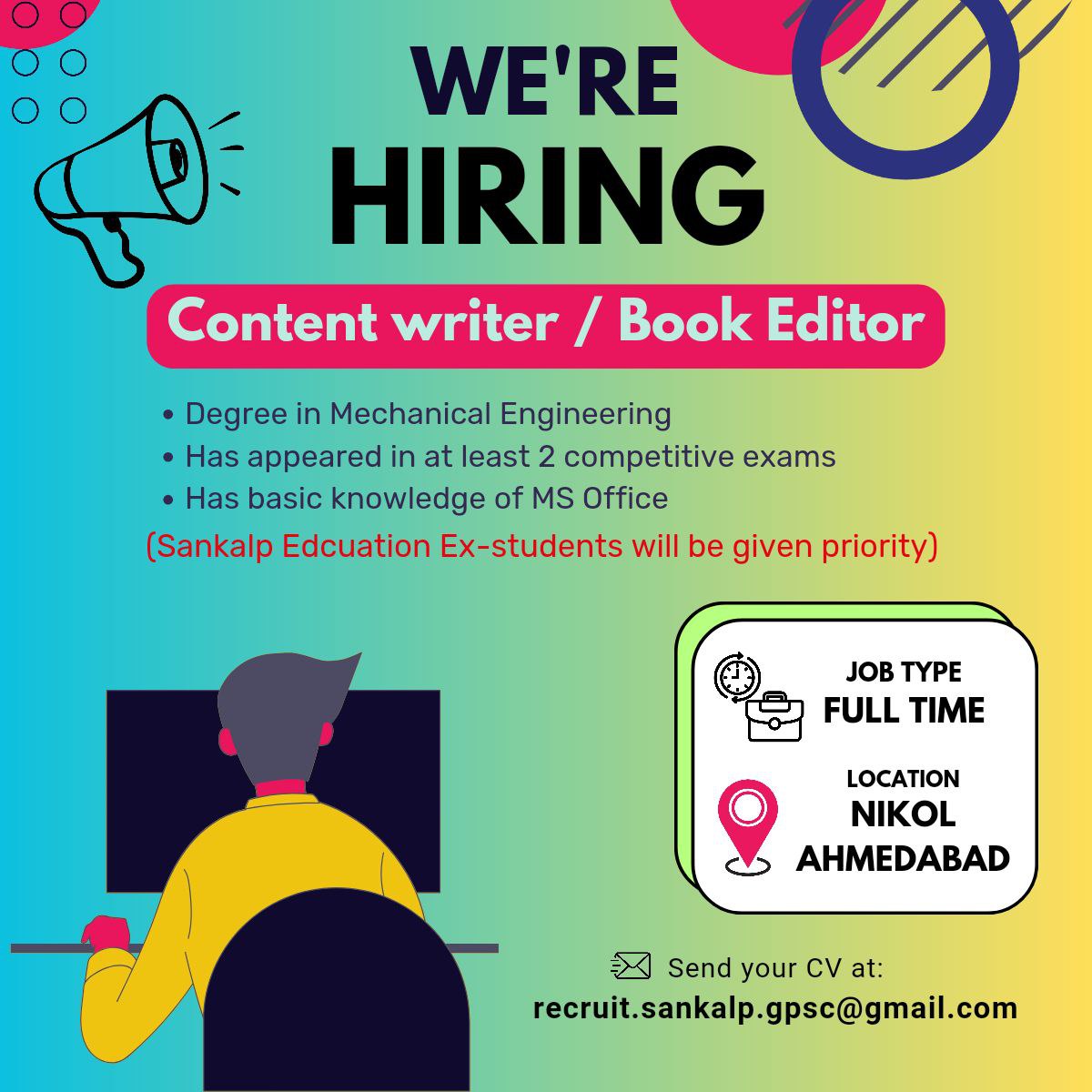 sankalp_gpsc's tweet photo. Join our dynamic team as a Content
writer/Book editor for our institute. Apply now! share your cv on recruit.sankalp.gpsc@gmail 

#sankalpgpsc #jobvacancy #contentwriter #bookeditor https://t.co/WZvfxnLizh