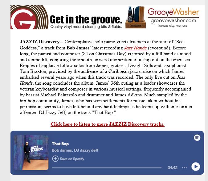 evosound_int's tweet image. Thank you Jazziz Magazine for featuring Bob James "Jazz Hands" in your Discovery Newsletter! 

#jazziz #bobjames #jazzhands
@BobJamesMusic
@JazzizMagazine