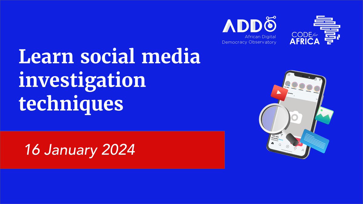 Code4Africa's tweet photo. Master the art of conducting in-depth social media investigationsWe’re hosting another round of hands-on training for media professionals looking to sharpen their online investigative skills.📷The 4-day webinar starts 16 January📷 Register here https://t.co/JZMOqavQyV https://t.co/cGNFVkAhJi