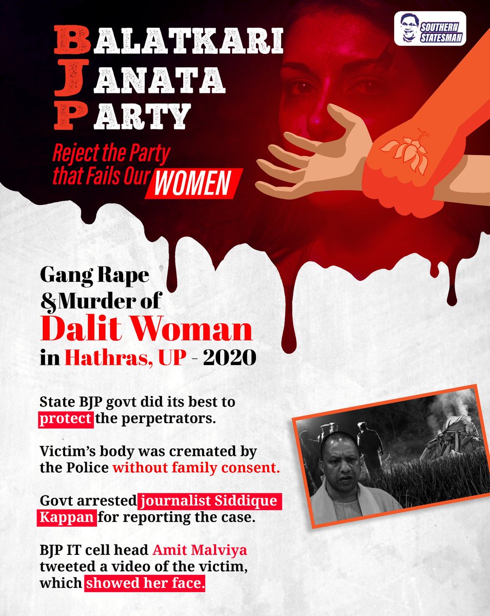 SouthStatesman's tweet photo. When a Dalit woman was brutally gangraped & murdered by dominant caste men in Hathras, the UP govt did its best to protect the accused by hook or by crook!
Hence, we call it #BalatkariJanataParty!
#Hathras #HathrasCase #Dalit #UttarPradesh #yogiadityanath #GangRape #hathrasrape https://t.co/Oab7yjSPs8