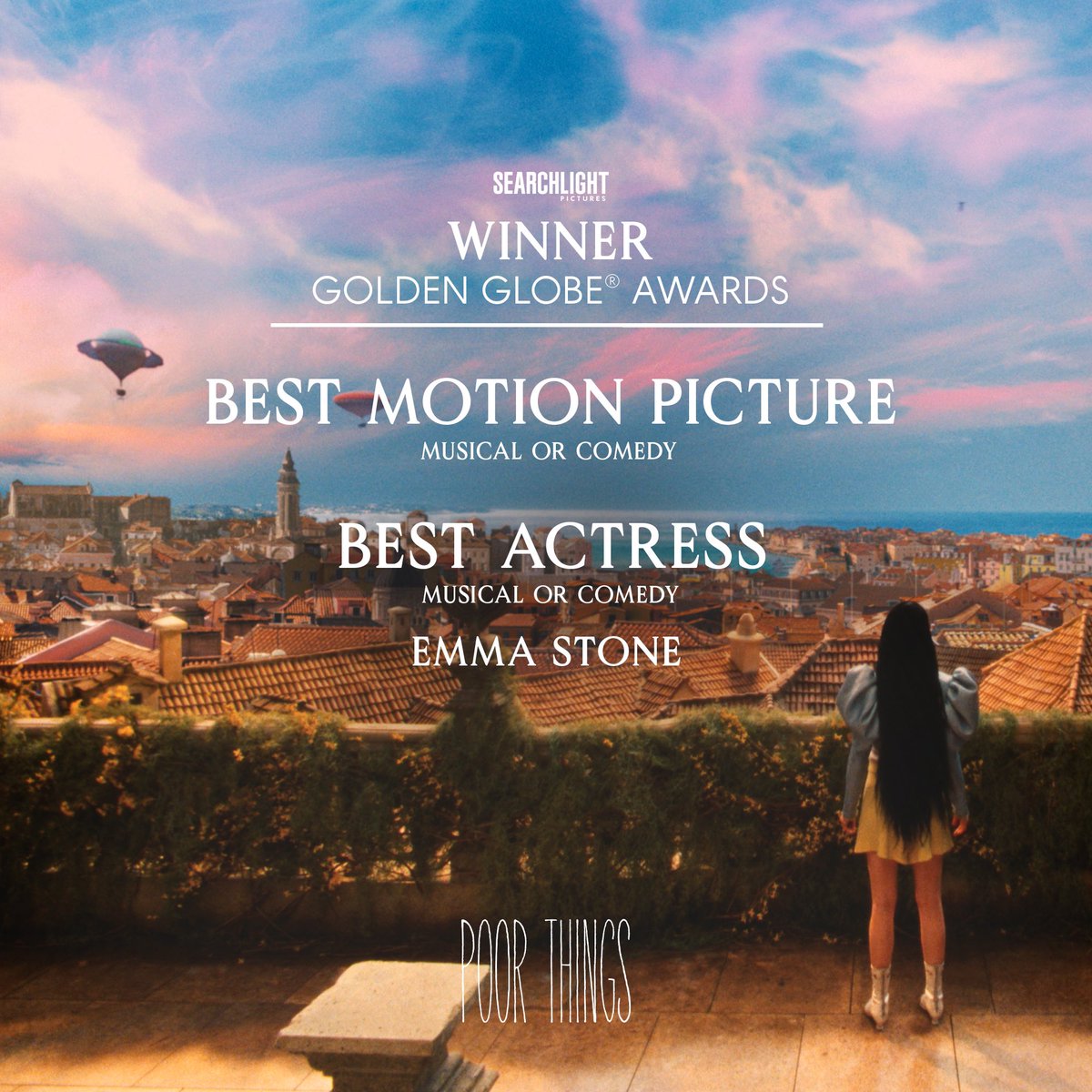 What an amazing night! POOR THINGS won two <a href="/goldenglobes/">Golden Globes</a> including Best Motion Picture (Musical/Comedy) &amp; Best Actress (Musical/Comedy) for Emma Stone. We are beyond thrilled &amp; so proud of our incredible team.

#PoorThingsFilm in US cinemas now, in Irish &amp; UK cinemas this Friday