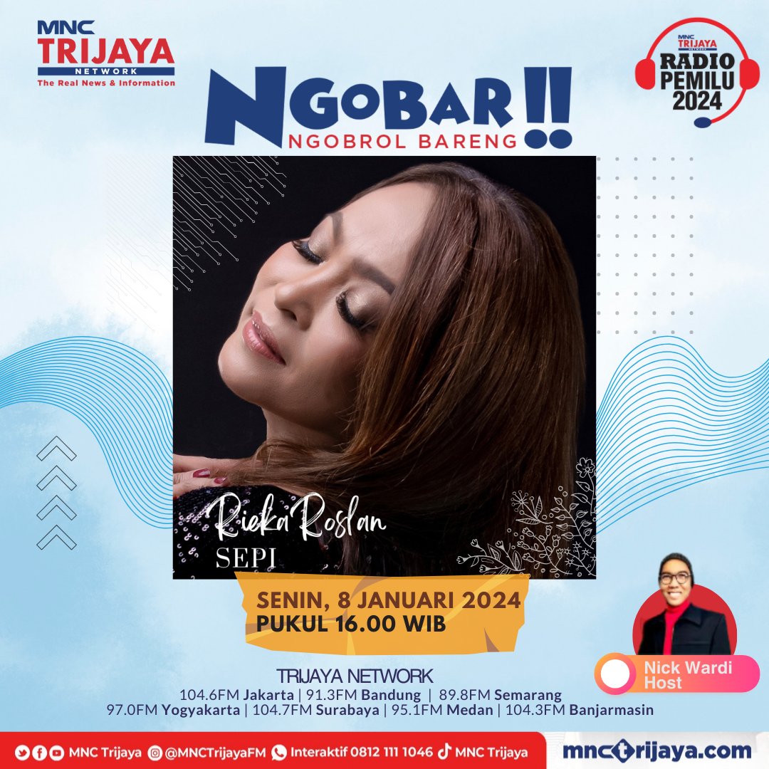 Ngobar pertama di tahun 2024 kali ini diawali bersama Teteh <a href="/riekaroslan/">Rieka Roslan</a> tentang perjalanan karir solonya sebagai penyanyi dan juga komposer. Apa rencananya untuk tahun yang baru? Yuk merapat Senin, 8 Januari 2024 pukul 16.00 WIB di Trijaya Jakarta dan seluruh jaringannya.
