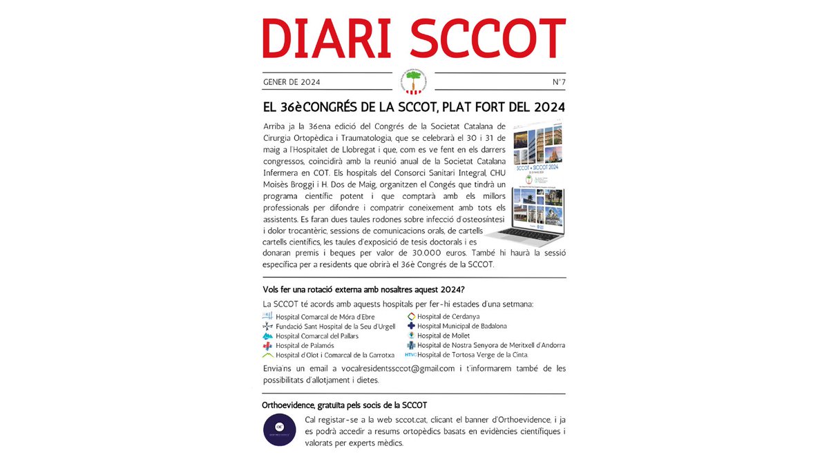 📰 DIARI SCCOT

➡ El 36è Congrés de la SCCOT, plat fort del 2024

➡ Vols fer una rotació externa amb nosaltres aquest 2024?

➡ Orthoevidence, gratuïta pels socis de la SCCOT

#SCCOT #Formació #Residents