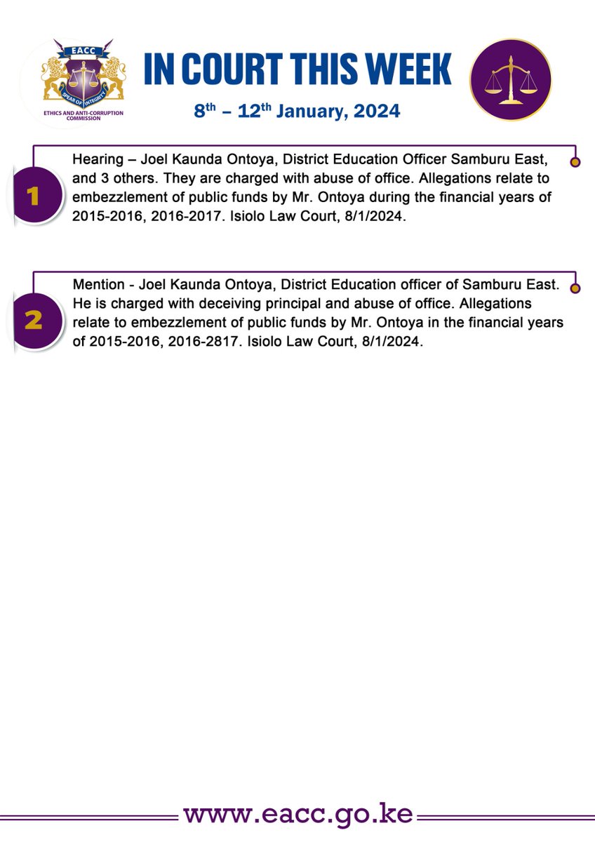 Matters coming up in court this week for prosecution of offenders and recovery of corruptly acquired assets or unexplained wealth. #TuangamizeUfisadiTuijengeKenya