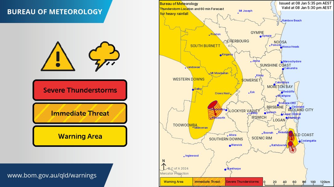 Severe #Thunderstorm Warning - SE Qld
for HEAVY RAINFALL
For parts of Toowoomba & Gold Coast.
They are moving towards the south & are forecast to affect Springbrook, Mudgeeraba & area W of Toowoomba by 6:00 pm & Pittsworth & Little Nerang Dam by 6:30 pm.
ow.ly/Nf3z50QoCWH