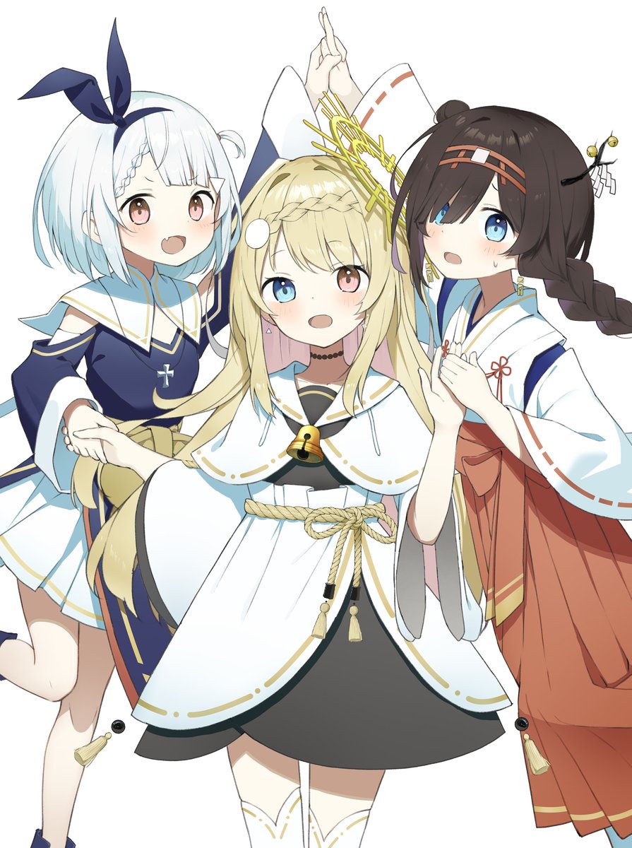 multiple girls 3girls heterochromia blue eyes braid blonde hair japanese clothes  illustration images