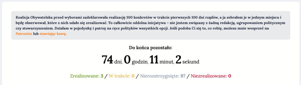 RadekKar's tweet photo. 25% czasu na realizację 100 konkretów Koalicji Obywatelskiej za nami. 

✅ Do tej pory zrealizowano 3 konkrety.

➡️ Postępy możesz śledzić na https://t.co/vtI5wNc877 https://t.co/0yW0046w0V
