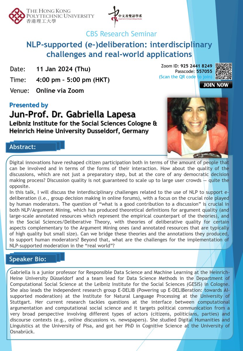 Emmanuele Chersoni (@emmanuelechers1) on Twitter photo Next CBS research seminar:
Thu Jan 11, 4:00 PM HK time
Speaker: <a href="/GabriellaLapesa/">Gabriella Lapesa</a> (Leibniz Institute for the Social Sciences Cologne & Heinrich-Heine University Düsseldorf, Germany)
Title: NLP-supported (e-)deliberation: interdisciplinary challenges and real-world applications Next CBS research seminar:
Thu Jan 11, 4:00 PM HK time
Speaker: <a href="/GabriellaLapesa/">Gabriella Lapesa</a> (Leibniz Institute for the Social Sciences Cologne & Heinrich-Heine University Düsseldorf, Germany)
Title: NLP-supported (e-)deliberation: interdisciplinary challenges and real-world applications