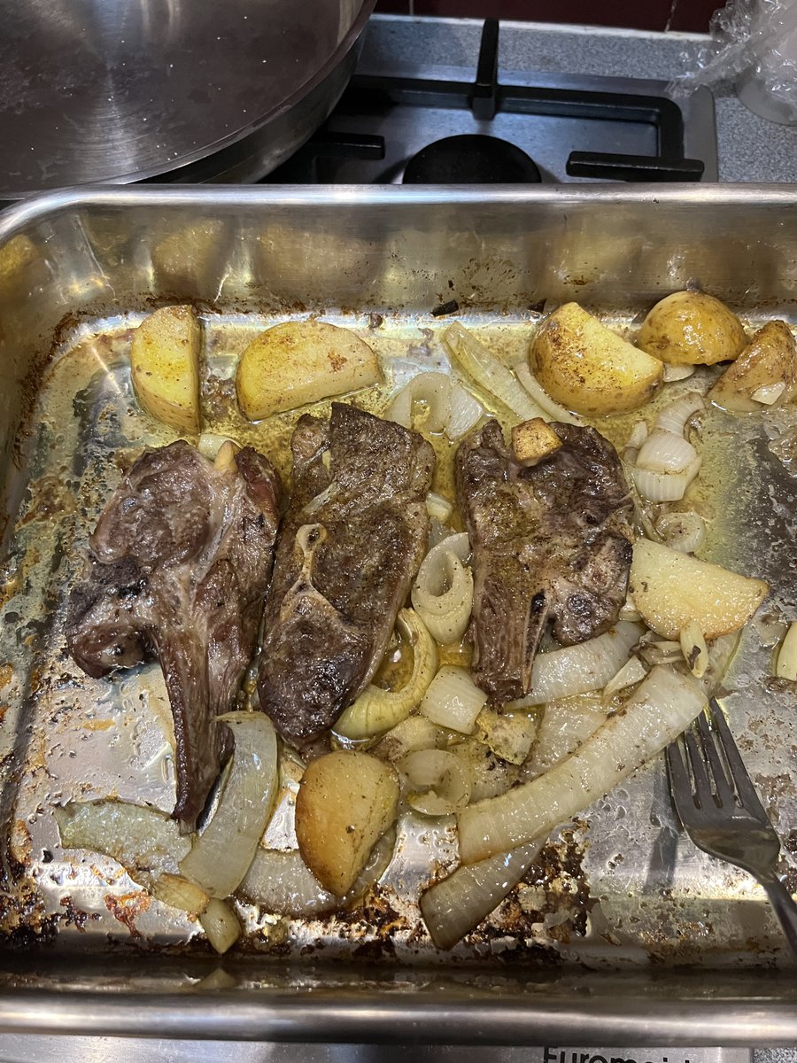 The last few years I have always cooked lamb chops on the bbq but I forgot how good shoulder chops are in the oven.
Add onion, garlic, potatos, salt, vegeta, mixed spice, tumeric and some olive oil. 
A good winter or shit Melbourne summer meal.