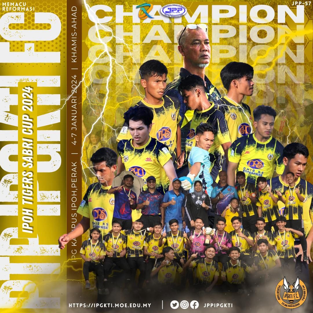 jppipgmkti's tweet photo. 🏆 JUARA PIALA SABRI 2024*

Assalamualaikum wbt &amp; Salam sejahtera

Tahniah diucapkan kepada pasukan IPGKTI FC atas pencapaian merangkul kejuaraan Pertandingan Piala Sabri 2024 yang berlangsung dari 4 hingga 7 Januari di Padang Bola IPG Kampus Ipoh. https://t.co/vD8KuqsF0B
