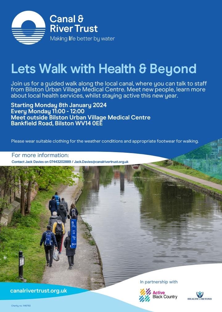 New Walk Starting Today in Bilston with Health and Beyond in partnership with <a href="/BCbeactive/">Active Black Country</a>

#letswalk 
#healthandbeyond 
#socialprescribing 
<a href="/CanalRiverTrust/">Canal & River Trust</a> 
<a href="/CRTWestMidlands/">Canal & River Trust West Midlands</a>