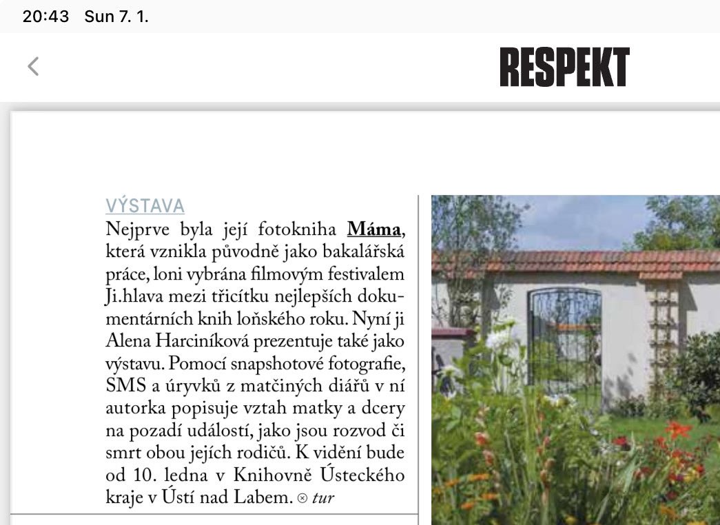 Vždycky jsem snila o tom, že budu psát do Respketu. To, že by psal <a href="/RESPEKT_CZ/">Týdeník Respekt</a> o mně, to se mi nezdálo ani v nejdivočejších snech. 🌸 
A doražte na vernisáž! Je to dobrý důvod, proč zajet do Ústí a jenom hodinka cesty. ❤️
