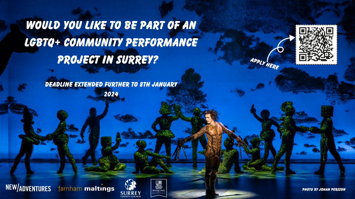 SurreyLibraries's tweet image. LAST CHANCE!
To find out more and sign up to be part of an LGBTQ+ community performance project in Surrey ➡️ new-adventures.net/es-rp-applicat…. 

DEADLINE IS TODAY!

@New_Adventures  @farnhammaltings @wokingcouncil @SurreyNews
#CommunityProject #LGBTQ+Community #EdwardScissorhands